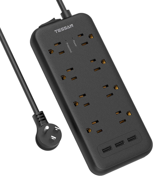 Surge Protector Power Strip with 8 Outlets and 3 USB Ports, 5Ft Flat Plug Extension Cord, 1875W/15A, 1700 Joules, Wall Mountable for Home, Office, School, and Dorm Room Use, Black
